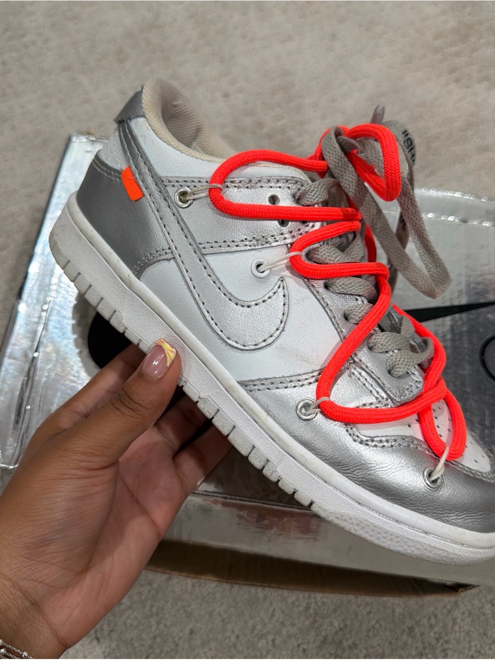 Nike Kids Silver, White & Bright Orange Lace-up Sneaker